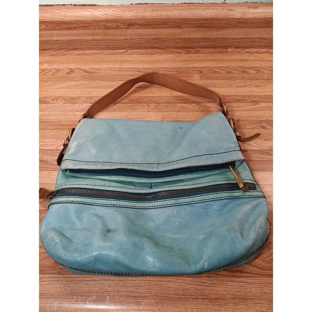 FOSSIL Explorer Flap Foldover Hobo Mint Green Teal Leather Slouch Shoulder Bag